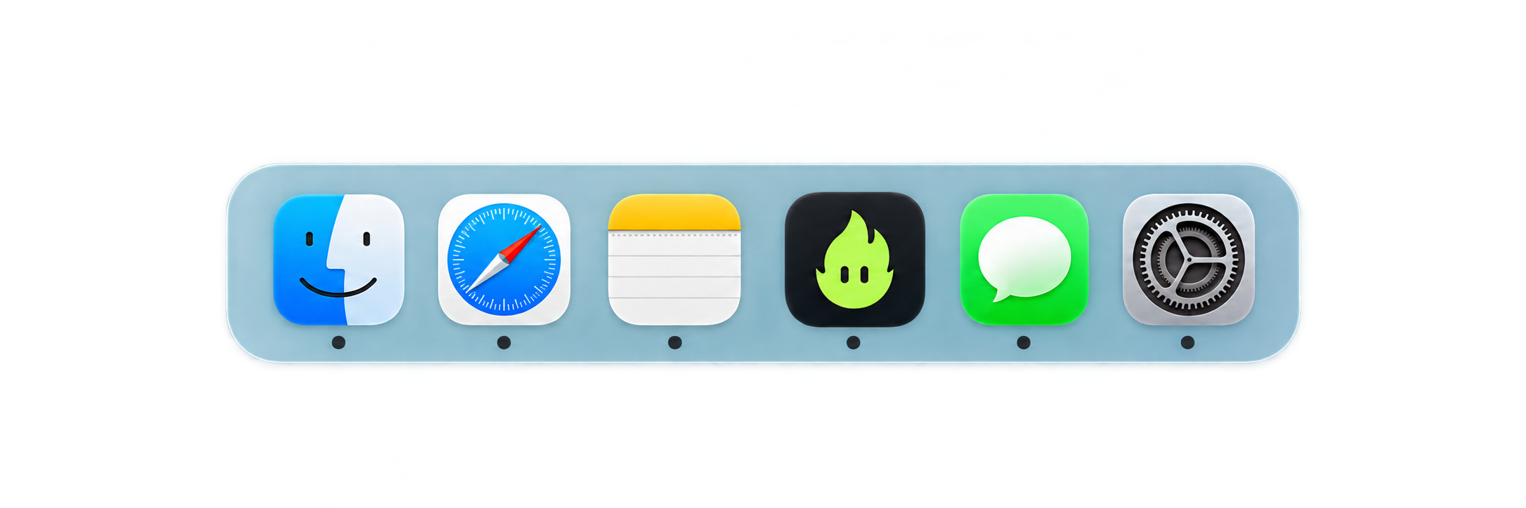 Frosted macOS Dock with Finder, Safari, Notes, Fire Tasks, Messages and Settings