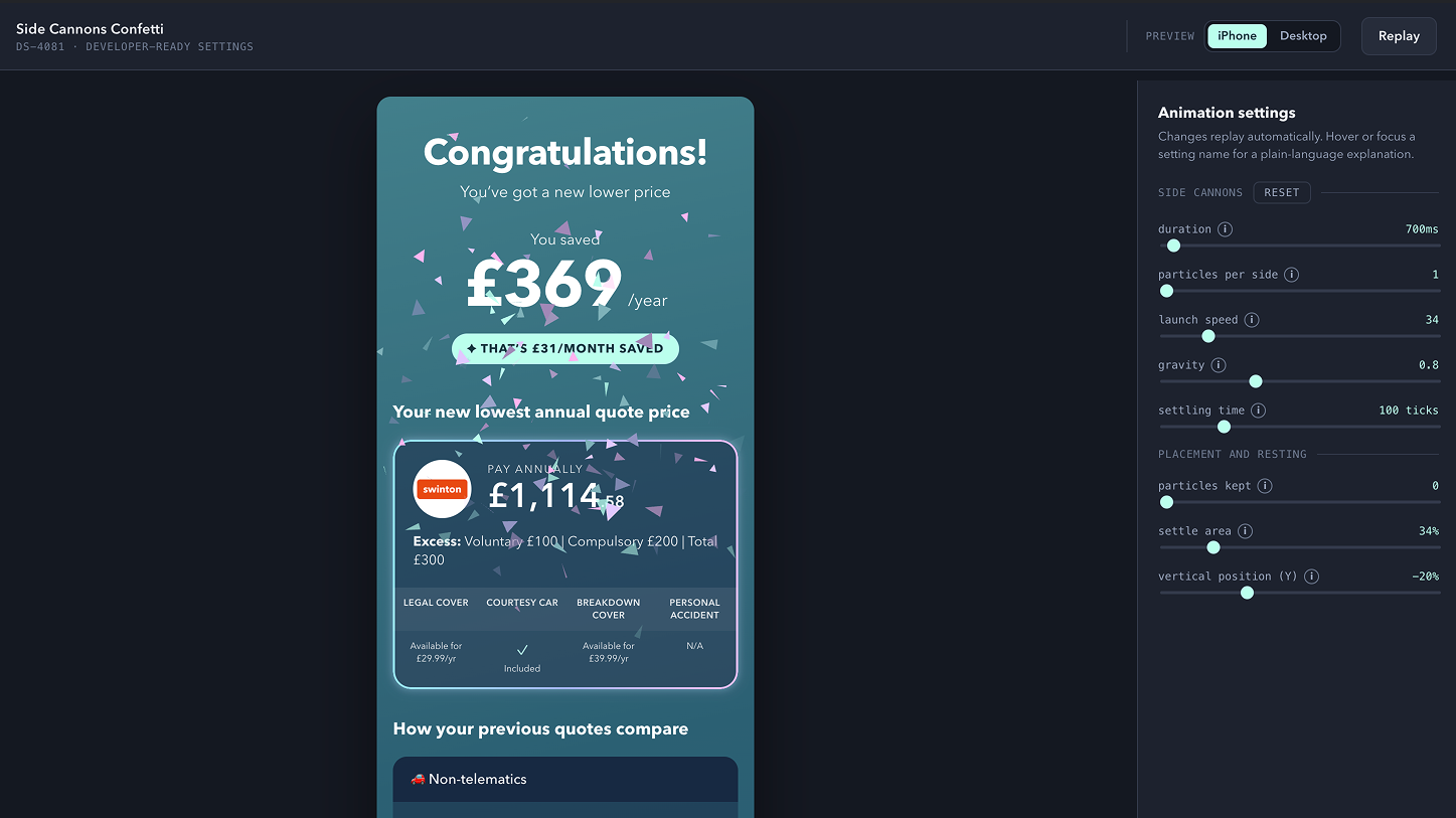 HTML prototype of the Quote Agent savings celebration, with an iPhone preview and adjustable confetti animation settings for developer handoff