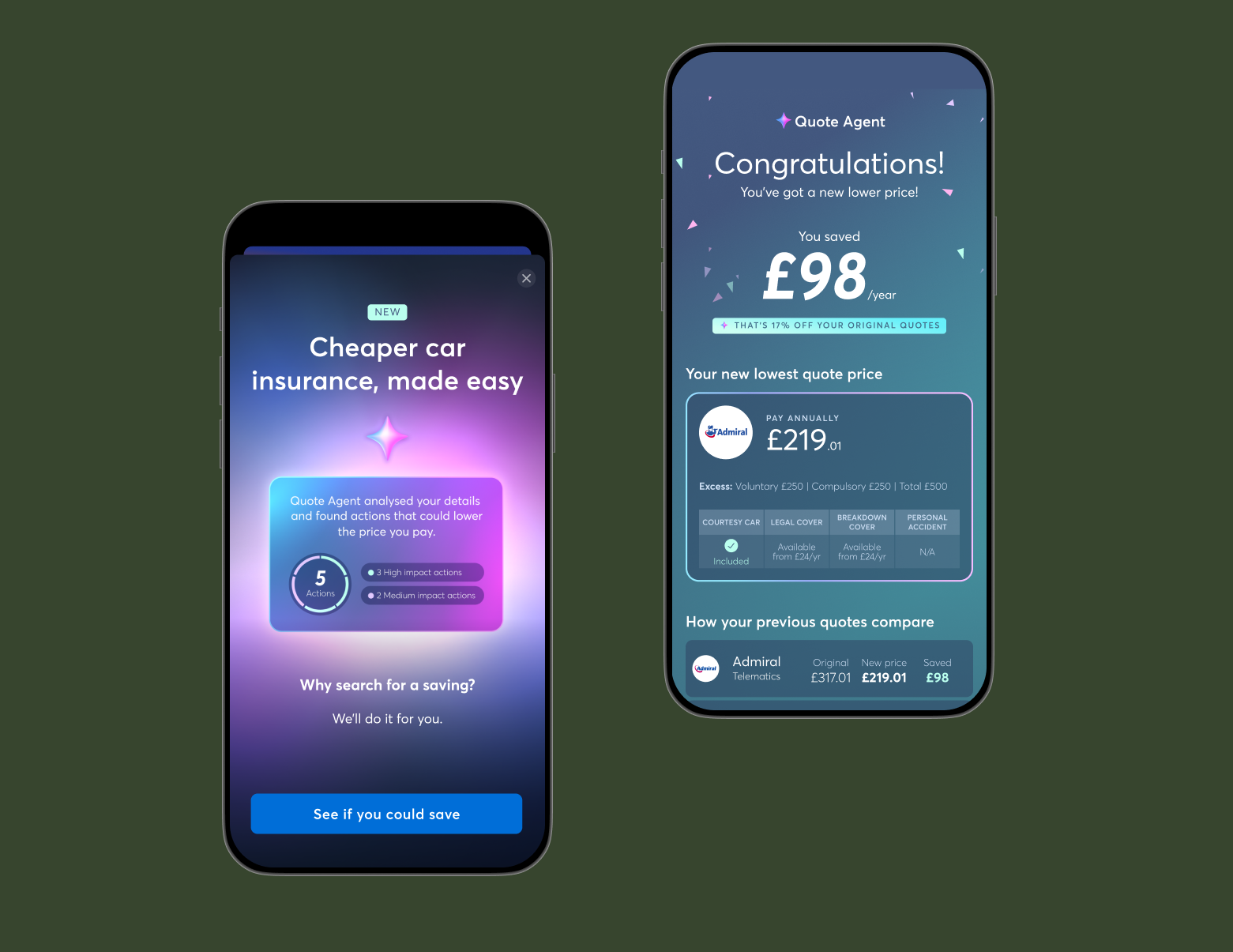Quote Agent introduction and results screens showing a potential insurance saving