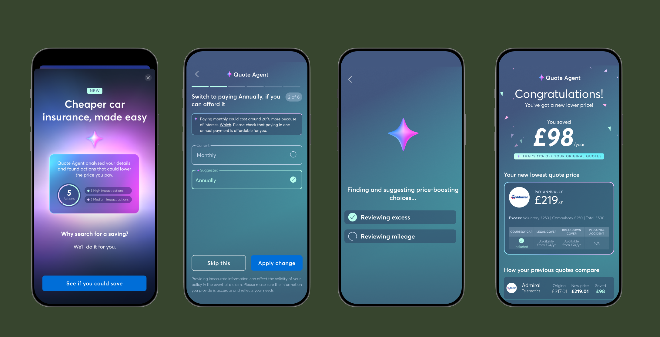 Quote Agent introduction, suggestion, loading and saving screens