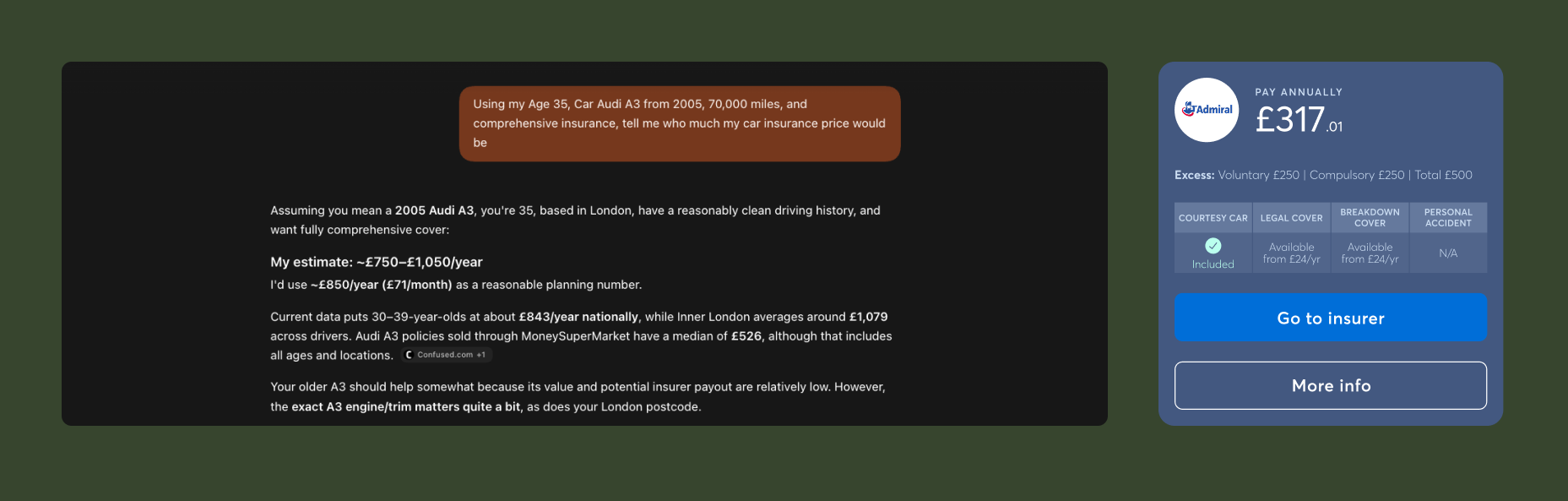 ChatGPT price estimate compared with an actual insurance quote