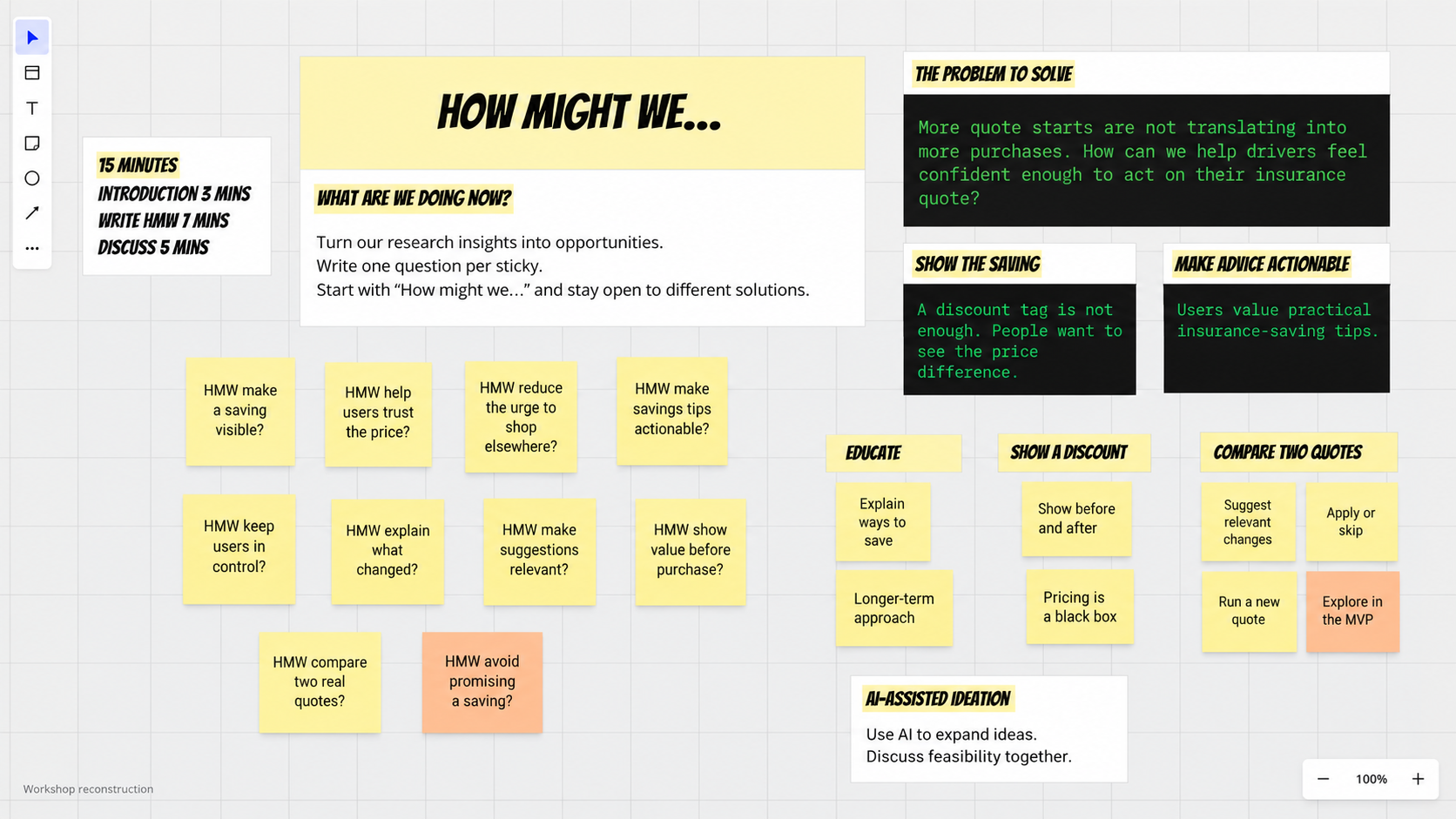 Reconstructed Miro-style Quote Agent workshop board with how-might-we questions and three directions: education, showing a discount, and comparing two quotes